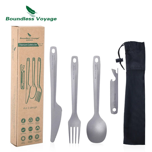 Utility Cutlery Set 4-Pieces with Case Titanium Spoon Fork Knife