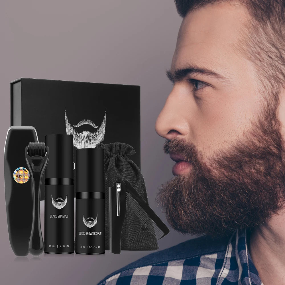 Beard Growth Kit For Men Facial Hair Growth Oil w/ Massage Comb Micro Roller Beard Care