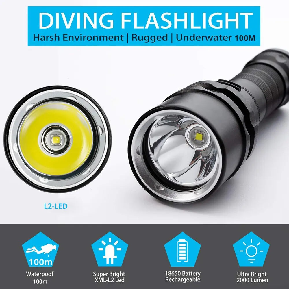 High Power Diving Flashlight Waterproof Professional Diving Light 18650 Battery With Hand Rope