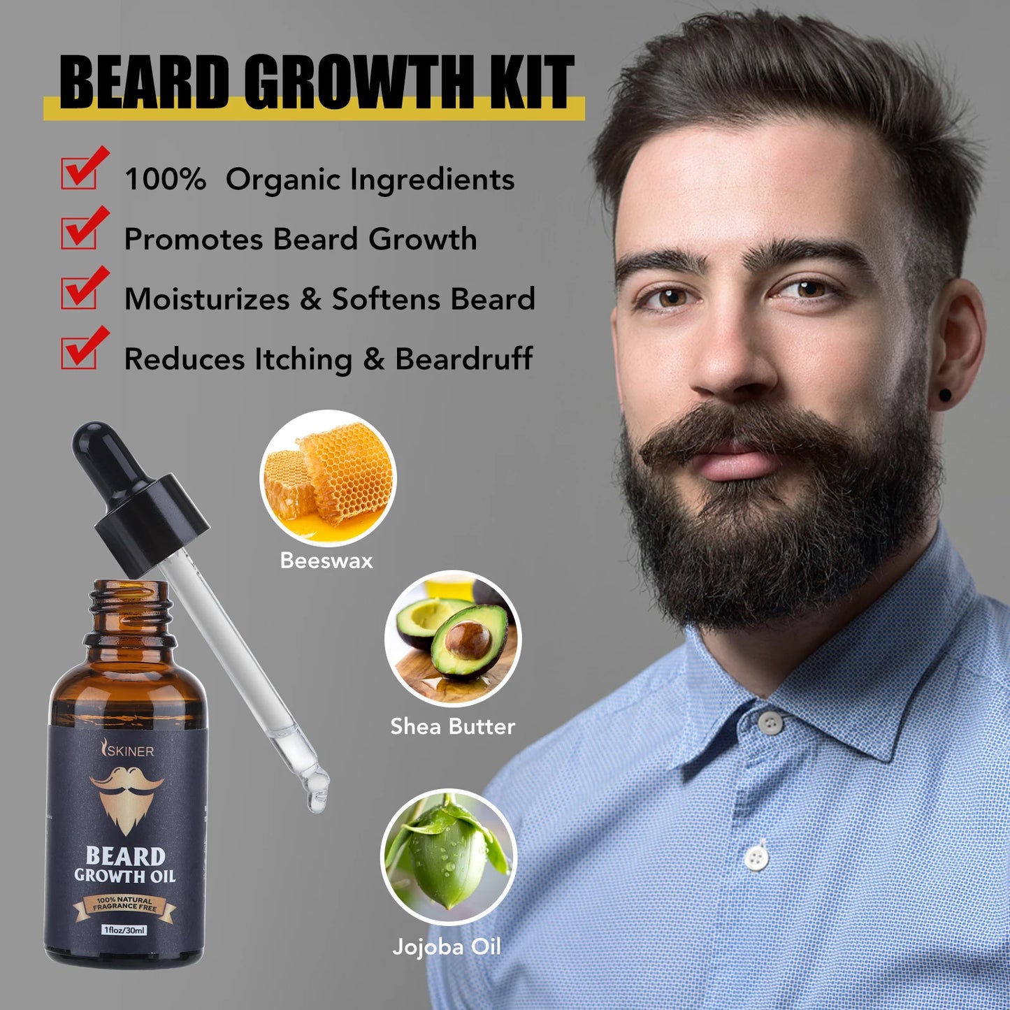 Beard Growth Kit For Men Enhancer beard Essential Oil Moisturizing Wax Growth Roller Care